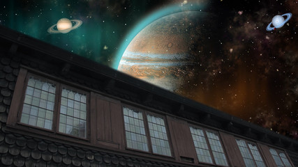 Wall Mural - house, building with cosmos view. jupiter, saturn and uranus. surrealistic 3d rendering. solar syste