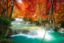 Amazing In Nature, Beautiful Waterfall At Colorful Autumn Forest In Fall Season