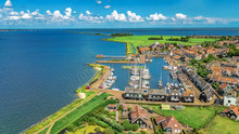 Aerial Drone View Of Marken Island, Traditional Fisherman Village From Above, Typical Dutch Landscape, North Holland, Netherlands