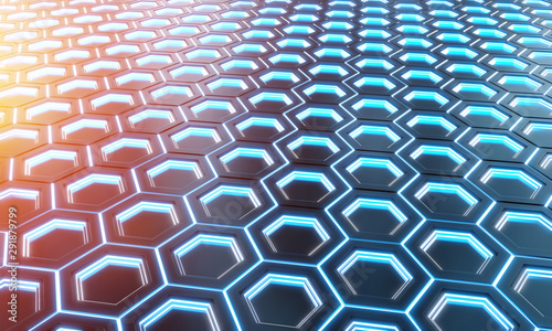 Glowing black blue and orange hexagons background pattern on silver metal sur...