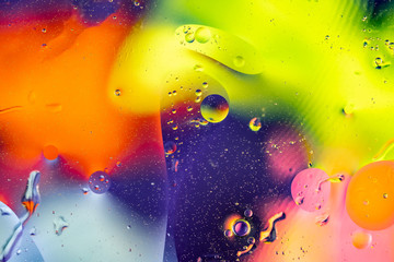 Poster - mixing water and oil drops. macro colorful background. fluid gradient inks modern creative design 3d