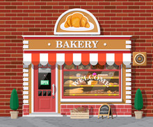 Bakery Shop Building Facade With Signboard. Baking Store, Cafe, Bread, Pastry And Dessert Shop. Showcases With Various Bread And Cakes Products. Market Or Supermarket. Flat Vector Illustration