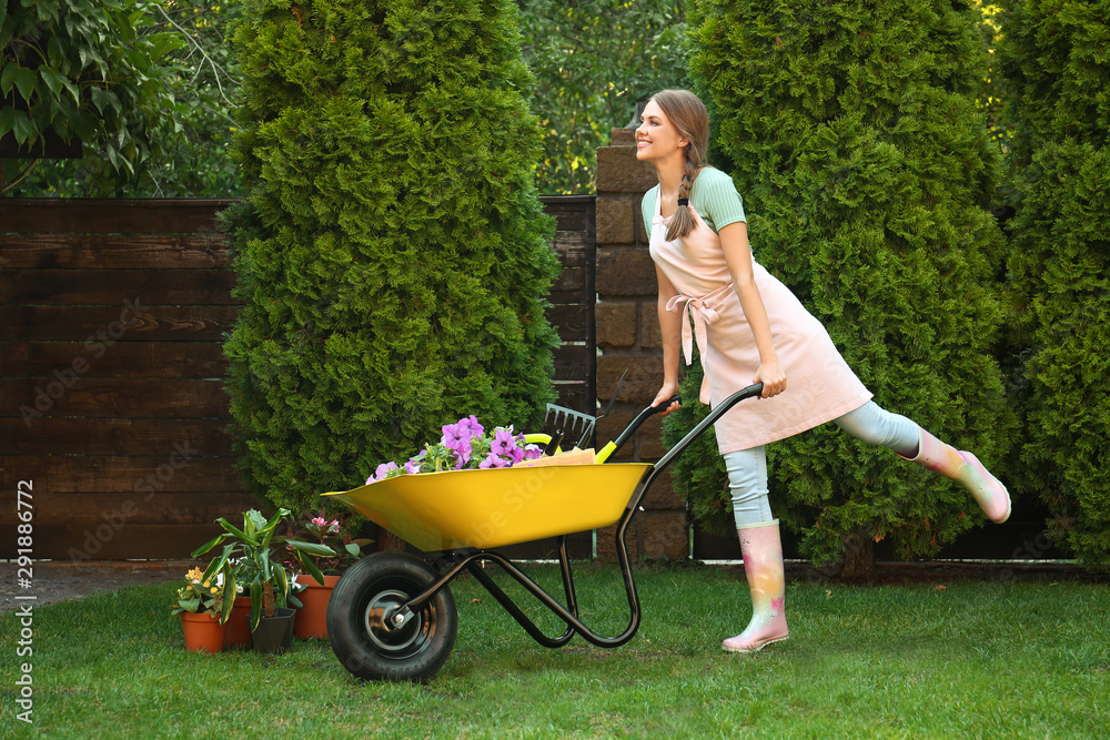 Happy young woman with wheelbarrow working in garden - obrazy, fototapety, plakaty 