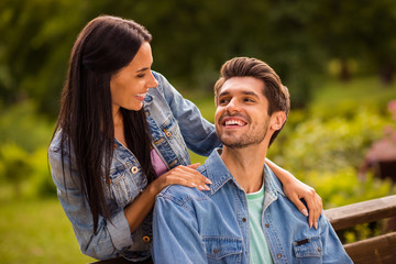 Poster - Close up photo of charming married people with long haircut looking wearing jeans denim jackets blazers outdoors