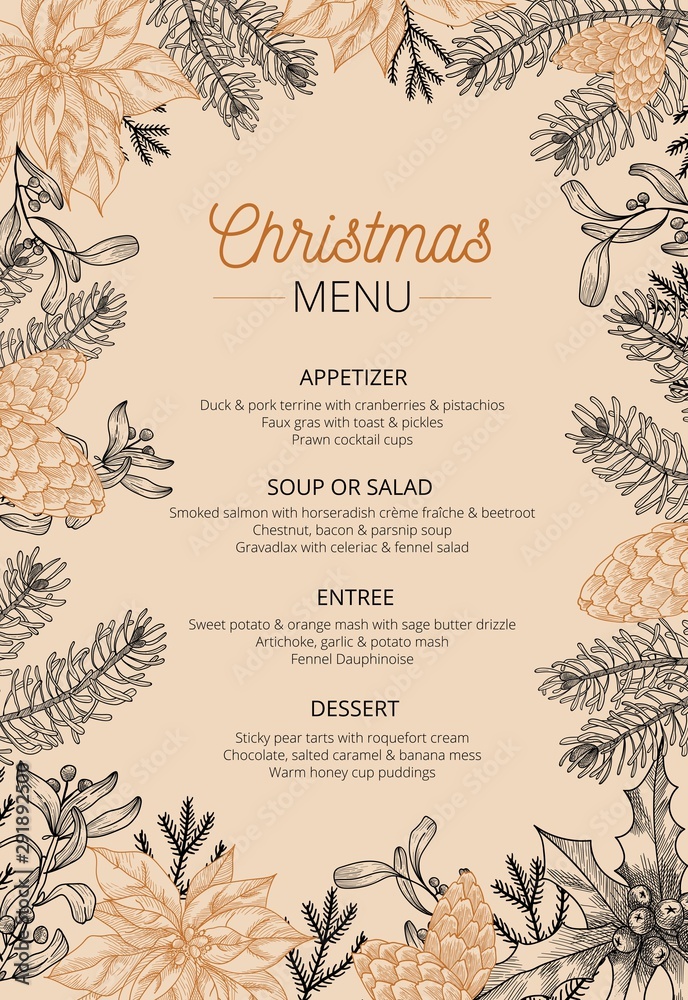 Food restaurant cuisine menu template vector illustration. Price set for christmas dishes appetizer, soup, salad, entree, dessert. Xmas new year eve theme and happy winter holidays flat style concept - obrazy, fototapety, plakaty 