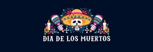 Dia De Los Muertos Greeting Card Festive Design Vector Illustration. Mexican Day Of Dead Banner With Skull In Sombrero And Maracas With Floral Composition Flat Style Concept