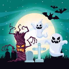 Poster - halloween dark scene with ghosts floating