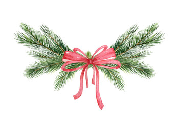 watercolor vector christmas wreath with green pine branches and red bow.