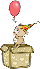 Sticker - Teddy bear going out of box gift holding a balloon