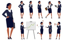 Young Businesswoman Boss Cartoon In Black Suit Set Vector Illustration. Types Of Smart Woman In Various Poses. Collection Of African-american Characters Performing Different Actions Flat Style Concept