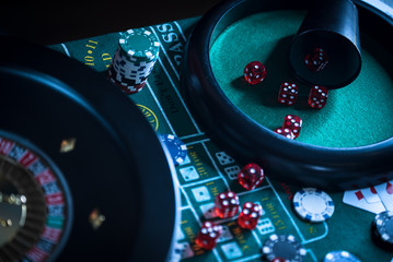 Wall Mural - Roulette table and stack of poker chips. Casino, gambling and entertainment concept.