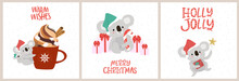Set Of Merry Christmas Card With Cute Koala Bears. Editable Vector Illustration.