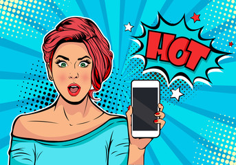 Wall Mural - Girl with phone in the hand and discription Hot. Woman with smartphone. Digital advertisement.  Some news or sale concept. Wow, omg emotion. Cartoon comic vector illustration in pop art retro style.