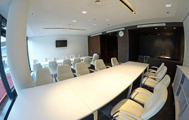 Wall Mural - Empty conference room, tables, chairs, monitor - interior