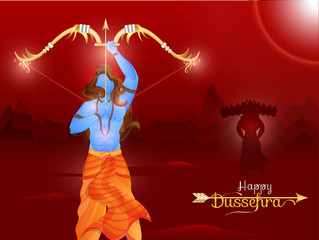 Canvas Print - Hindu Mythology Lord Rama killing Ravana on red mountain sunshine background for Happy Dussehra celebration concept. Can be used as poster design.