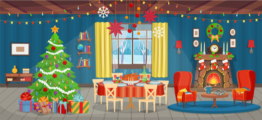 Christmas interior with fireplace, Christmas tree, window, armchairs, bookshelf, desk and holiday table with food. Сartoon vector illustration.