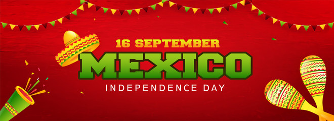 Sticker - Website header or banner design with illustration of sombrero hat, maracas and party popper on red background for 16 September, Mexico Independence Day celebration.