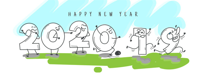 Sticker - Funny cartoon number of 2020 welcome happy new year and going 2019 on abstract background. Header or banner design.