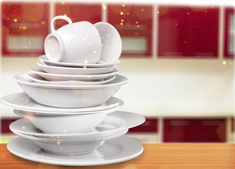 Poster - Pile of White Dishware isolated on white