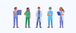People characters work in Hospital. Nurse, doctor therapist, surgeon and other medical staff standing together. Male and female medical characters set. Flat cartoon vector illustration. 