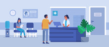 Man Character Talking With The Woman Receptionist At The Hospital Room. Patient Waiting For The Doctor. Doctor's Office Reception. Medical Clinic Concept. Flat Cartoon Vector Illustration.