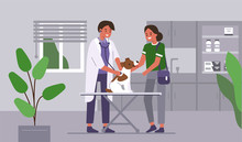 Doctor Veterinarian Checking Dog At Vet Clinic. Dog Owner In Doctors Cabinet With Pet. Veterinary Medicine Concept. Flat Cartoon Vector Illustration. 