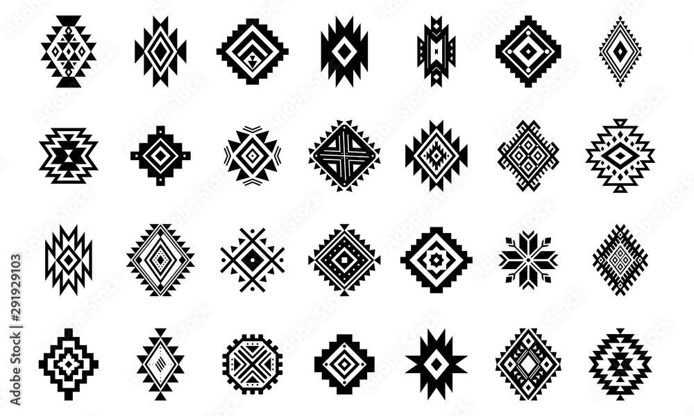 Aztec vector elements. Set of ethnic ornaments. Tribal design, geometric symbols for tattoo, logo, cards, decorative works. Navajo motifs, isolated on white background. - obrazy, fototapety, plakaty 