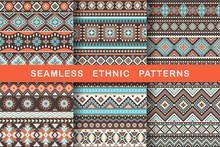 Ethnic Seamless Patterns. Set Of Aztec Geometric Backgrounds. Collection Of Stylish Navajo Fabric. Tribal Modern Abstract Vector Illustration.