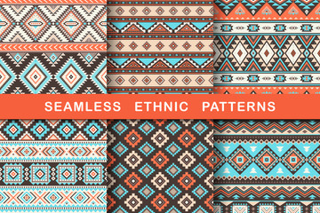 Ethnic seamless patterns. Set of aztec geometric backgrounds. Collection of stylish navajo fabric. Tribal modern abstract vector illustration.