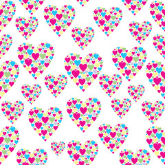 Wall Mural - Seamless white background with hearts of different sizes and colors. Vector pattern of full color.  