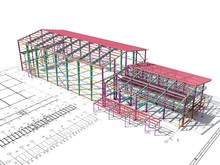 BIM Building Model Of Columns, Beams, Ties, Girders. The Metal Structures Are Welded And Bolted Together. 3D Rendering. The Drawing Of The Building Structure Is Made By An Engineer.
