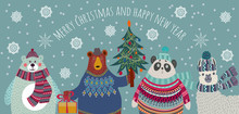 Merry Christmas And Happy New Year. Cute Animals Character. Happy Friends - Bear, Polar Bear, Panda And Llama In Winter Greeting Scene. Hand Drawn Vector