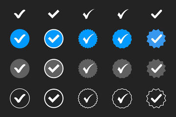 Fototapete - Profile Verification. Verified badge. Set of verified icon with social media verified badge style. Approved icon. Accept badge. Check mark. Approved, verified and protected icons set