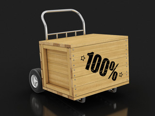 Sticker - Wooden crate with 100% on Hand Truck. Image with clipping path