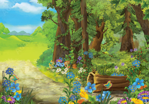 cartoon summer scene with meadow in the forest illustration for children