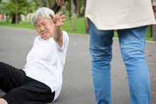 Asian Elderly People Stumbled Legs Myself Or Tripped Over Something,sick Senior Woman Fell To The Floor Because Of Dizziness,faint,suffering From Illness,headache,hypertension,health Care Concept