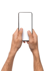Poster - Man holding blank modern smartphone with two hands