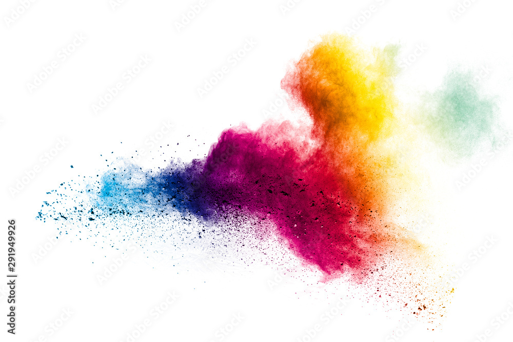 Colorful powder explosion on white background.Pastel color dust particle splashing. - obrazy, fototapety, plakaty 