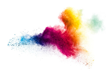 Wall Mural - colorful powder explosion on white background.pastel color dust particle splashing.