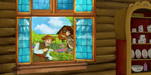 Cartoon Scene With Medieval Wooden House Room - Entrance To Kitchen - Interior For Different Usage - Illustration For Children