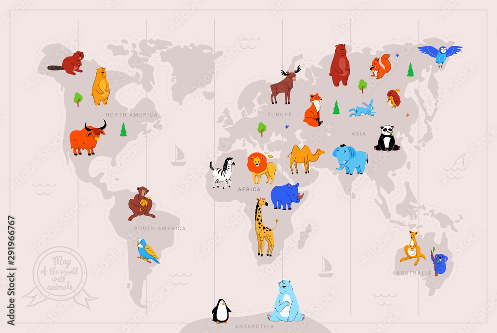Animals on world map flat vector illustration Stock Vector | Adobe Stock