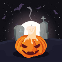 Poster - halloween pumpkin with fear face in cemetery scene