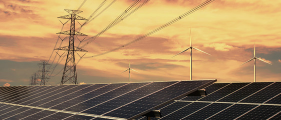 Wall Mural - electricity power in nature. clean energy concept. solar panel with turbine and tower hight voltage