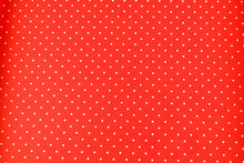 White Dots Over Red Polka Dot Fabric Background And Texture. Seamless White And Red Polka Dot Background