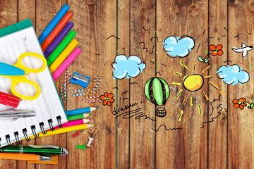 Poster - Colorful school supplies on wooden table background