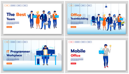 Poster - Business landing page vector templates set. Team building website interface idea with flat illustrations. IT programmer workplace homepage layout. Mobile office web banner, webpage cartoon concept