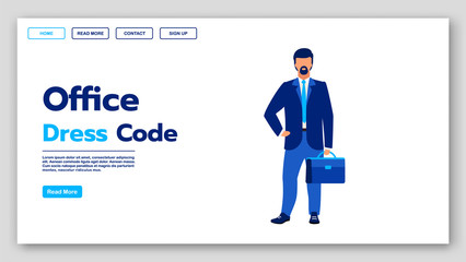Aufkleber - Office dress code landing page vector template. Business fashion website interface idea with flat illustrations. Corporate apparel style homepage layout. Formal clothing web banner cartoon concept