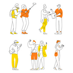 Fototapete - Teenager culture flat contour vector illustrations set. Young people with electronic gadgets isolated cartoon outline characters on white background. Teens lifestyle. Generation Z simple drawing