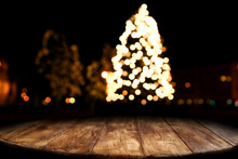 Dark Wooden Old Table And Chrismtas Tree