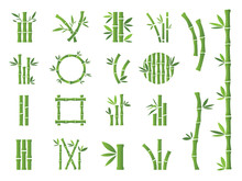 Green Bamboo Stalks And Leaves Vector Icons.